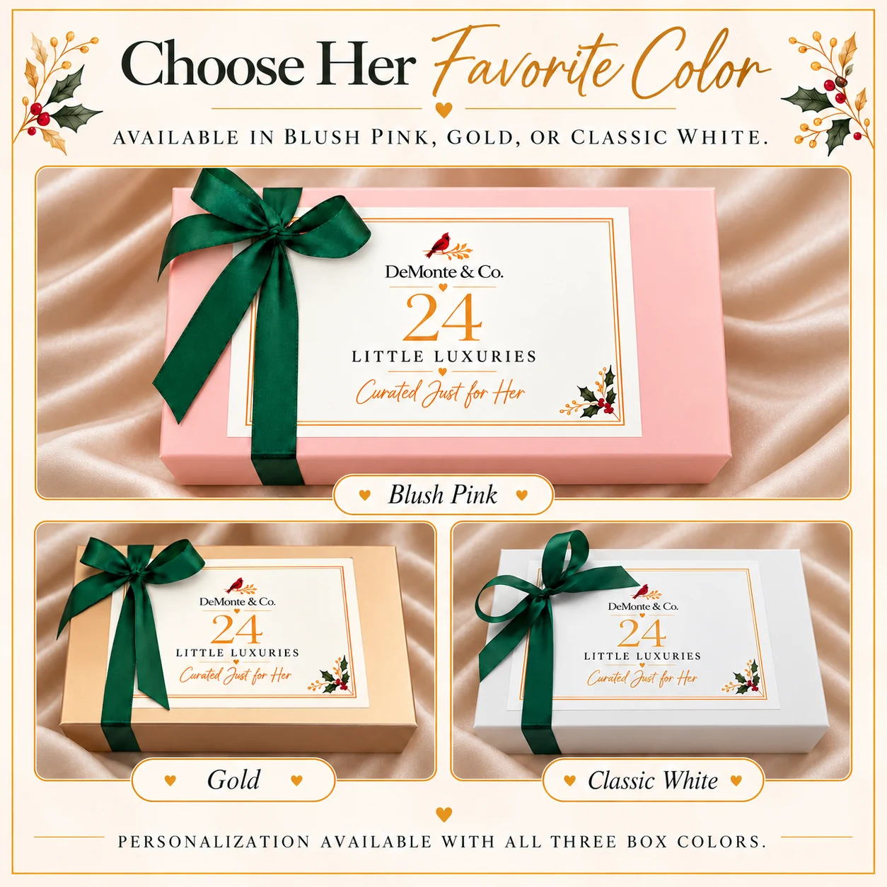 Blush pink, gold and classic white Advent calendar gift-box color choices