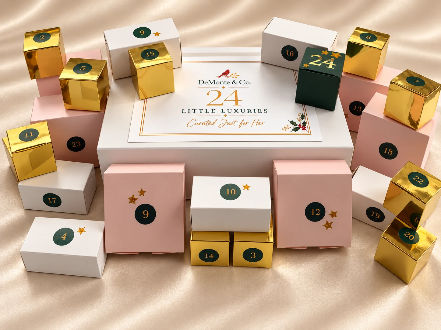 DeMonte & Co. filled Advent calendar gift box and individually numbered gifts