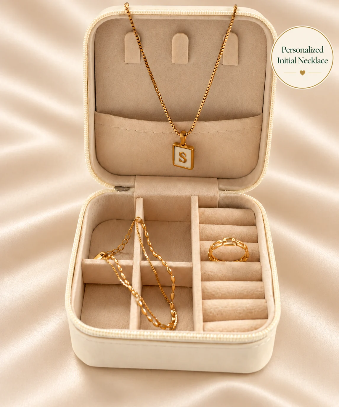 Personalized gold initial necklace and travel jewelry case